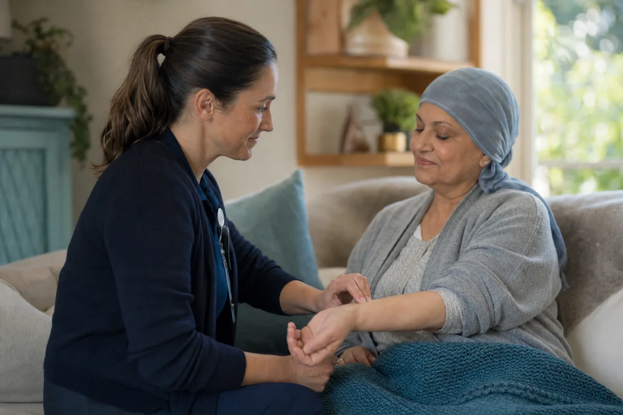 An IsoMed Care caregiver sitting close to a patient on a couch at home, smiling warmly while gently checking his pulse at the wrist.