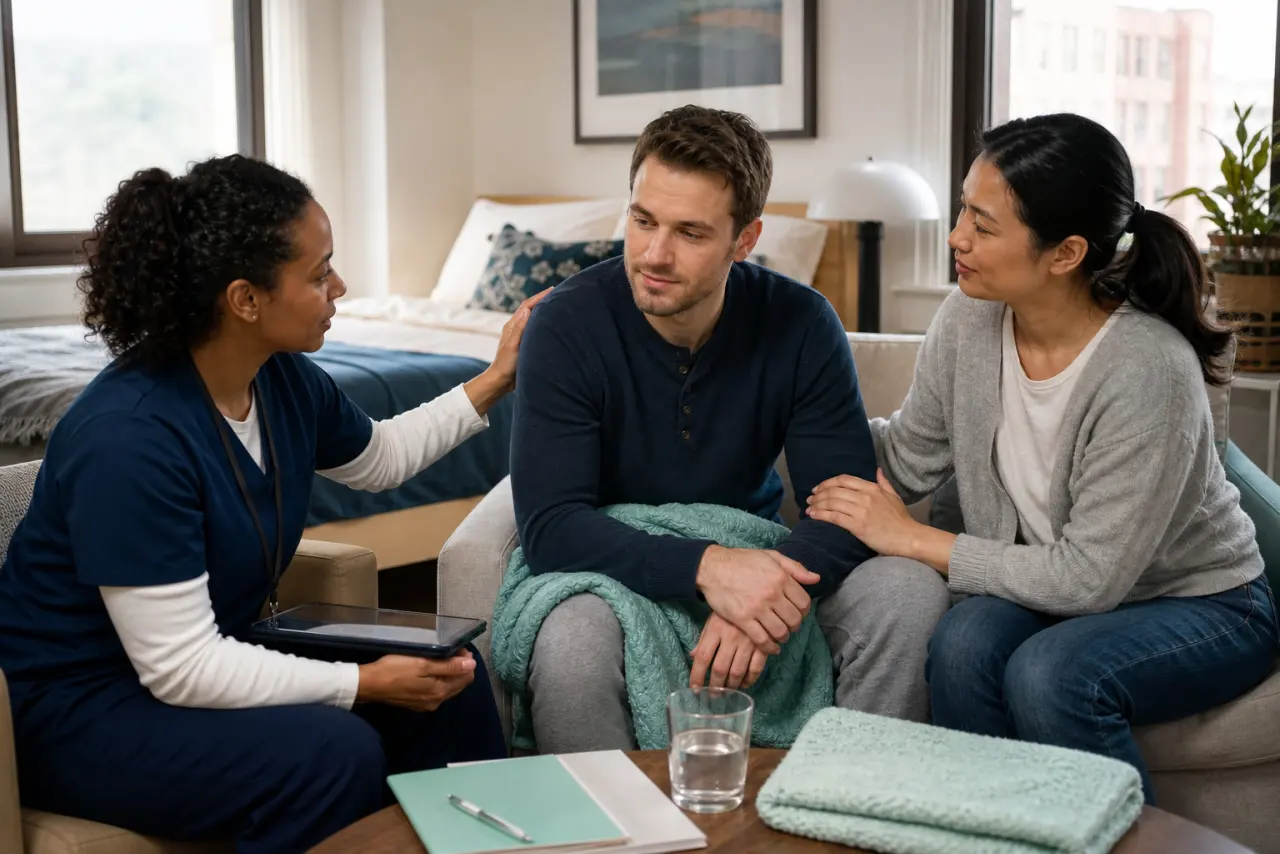 An IsoMed Care caregiver sitting with a patient's partner and family member in a living room, listening and offering a reassuring hand on the shoulder.
